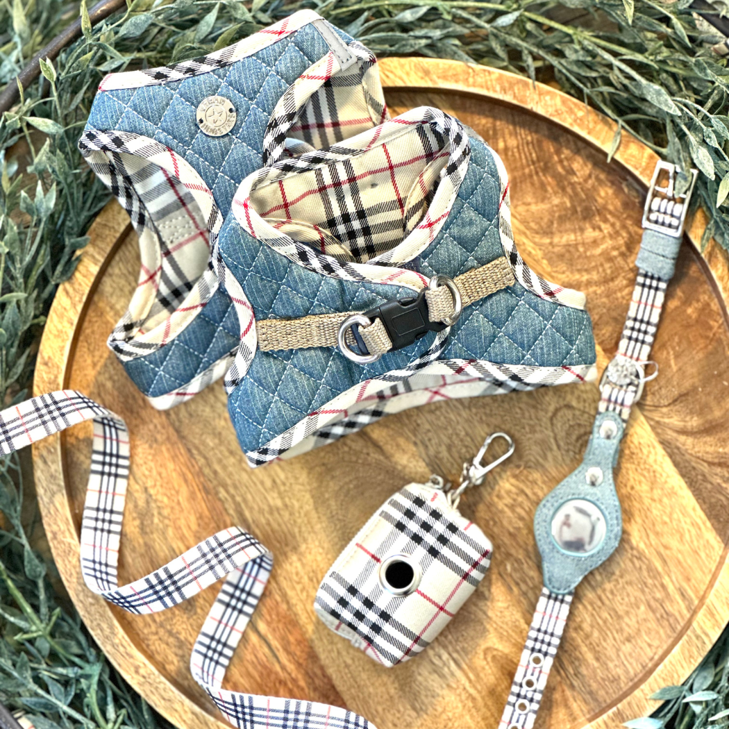 Step-In Denim Harness - Beige Plaid