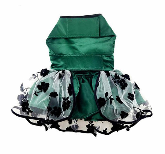 Vestido con arnés para perro de satén verde y negro para las fiestas