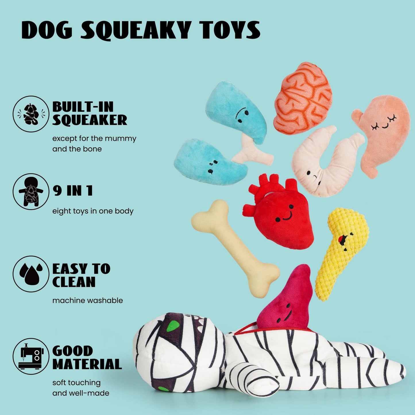 9-in-1 Stuffed Plush Squeaky Mummy Body