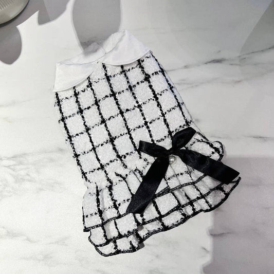 Tweed Style Monochrome Dog Dress - White