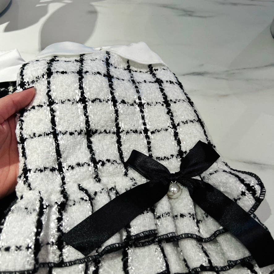 Tweed Style Monochrome Dog Dress - White