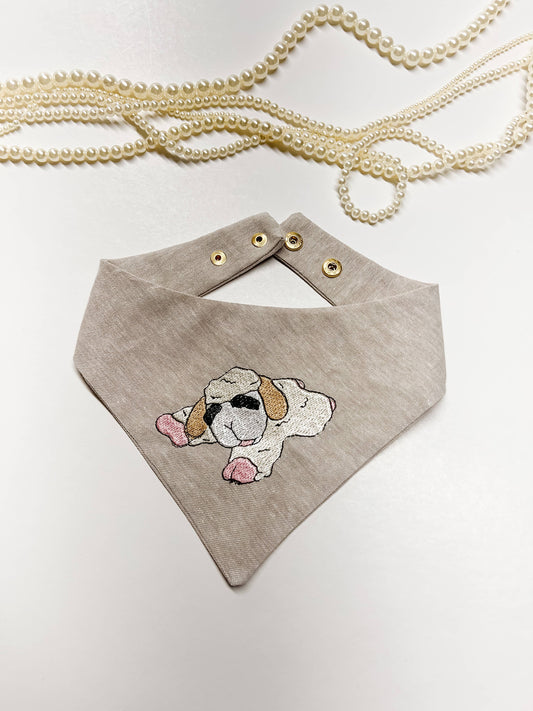 Classic Lamb Embroidery Tan Denim Dog Bandana