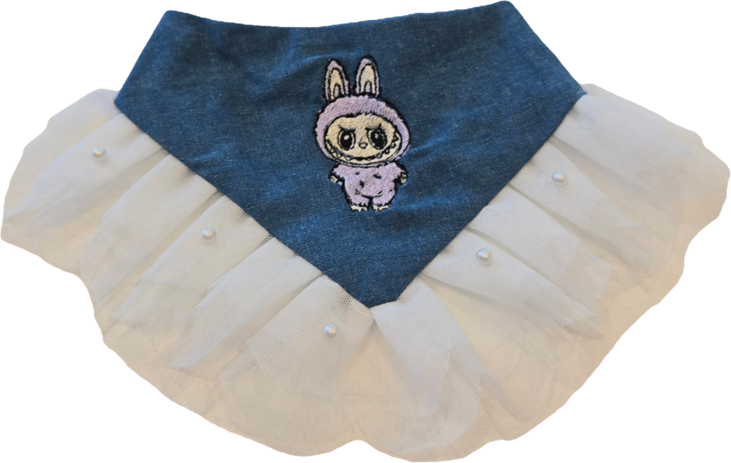 Labubu Denim Dog Bandana - Lavender with White Tulle