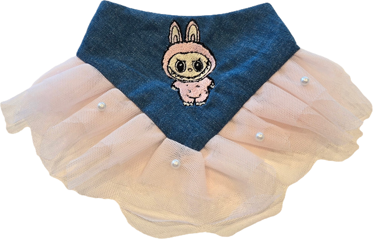 Labubu Denim Dog Bandana - Pink with Pink Tulle