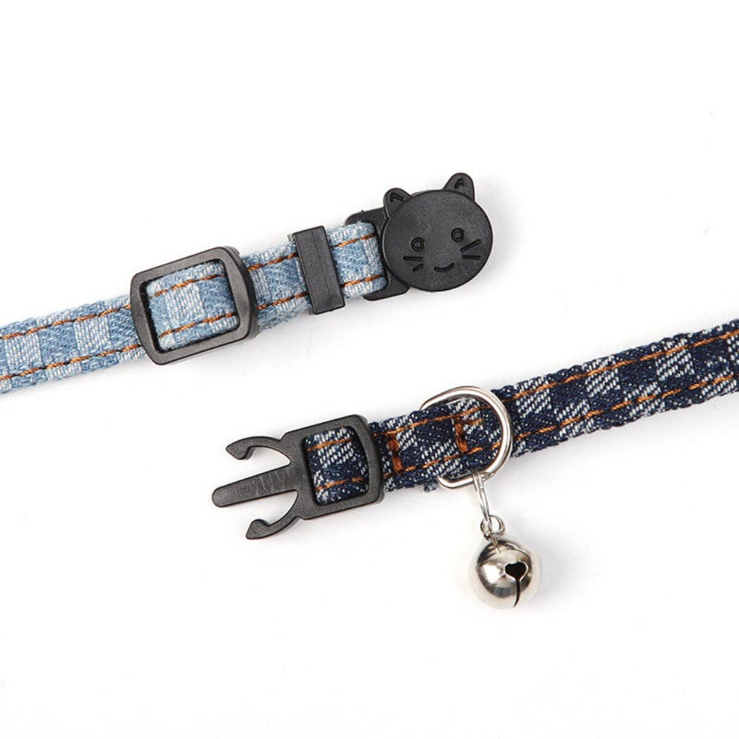Mokka - Adjustable Gingham Denim Bow Tie Cat Collar