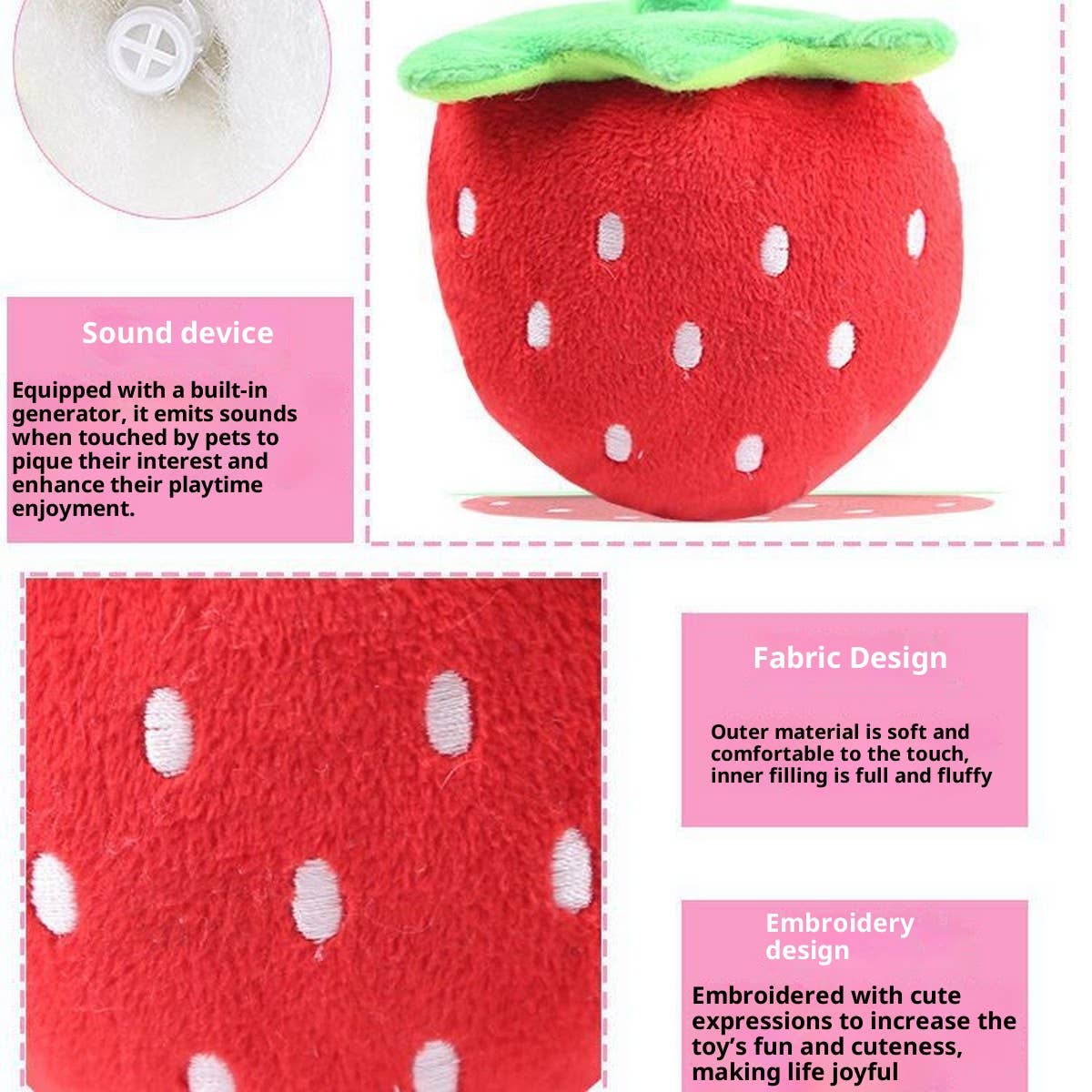 Strawberry Embroidered Plush Squeaky Dog Toy