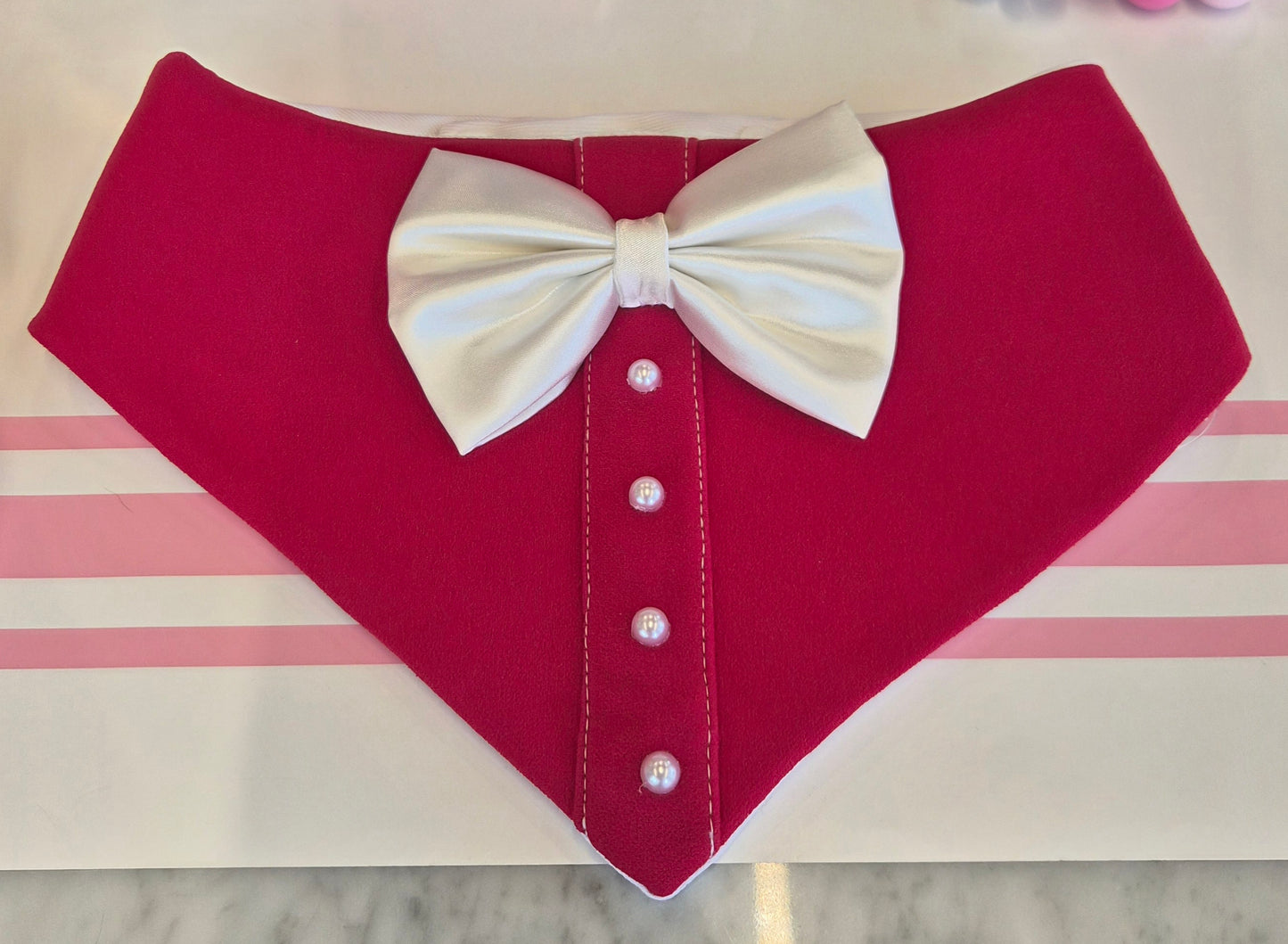 Valentine's - Red & White Satin Bow with Pearls Dog Bandana