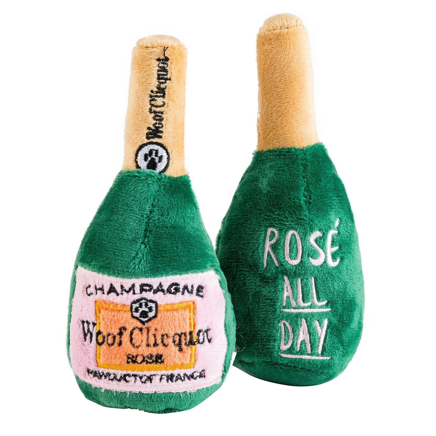 Juguete para perros con chirrido en forma de botella de champán Woof Clicquot Rose