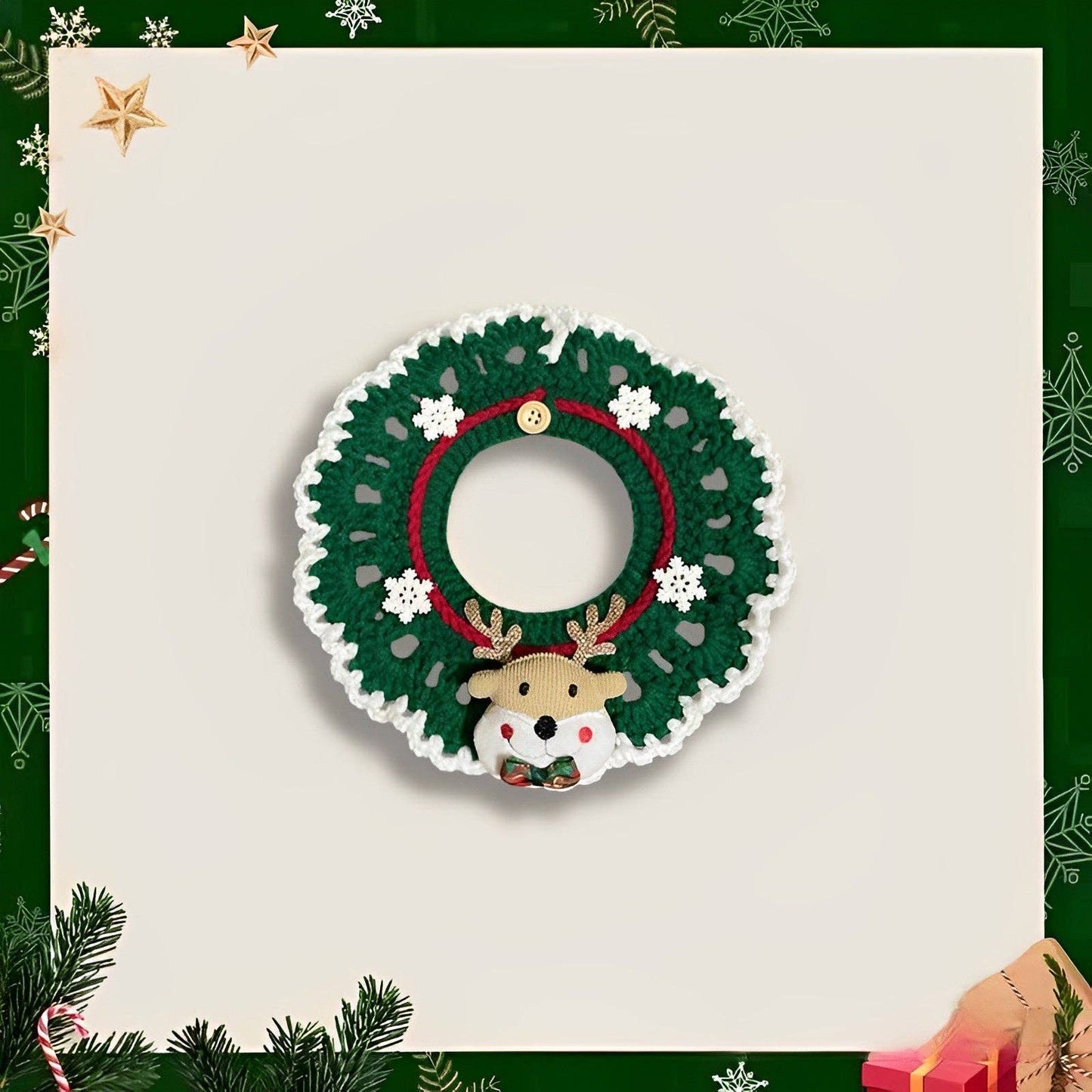 Collar de perro de punto con reno navideño hecho a mano