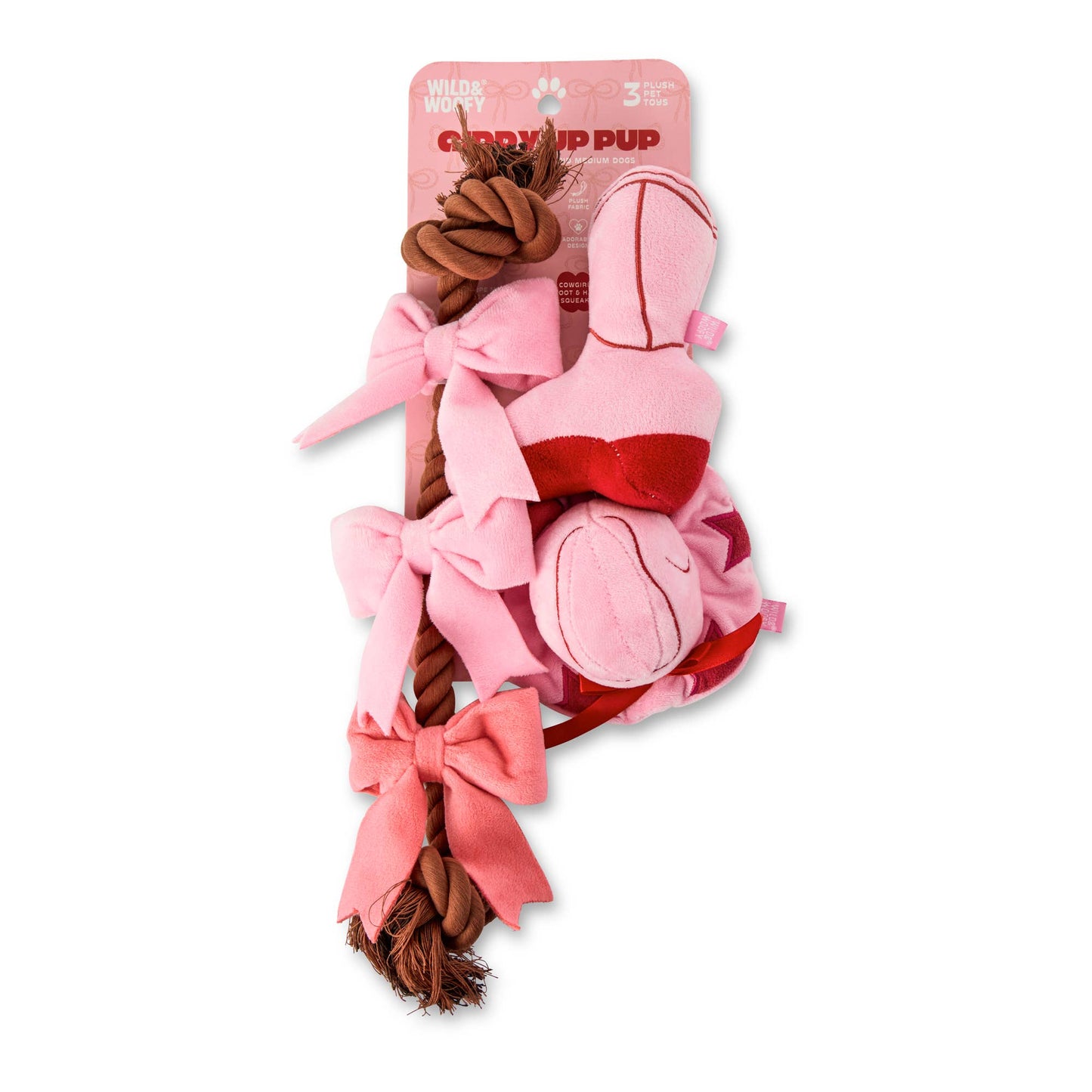 3pc Pink Cowgirl Pet Plush Squeaker Toys
