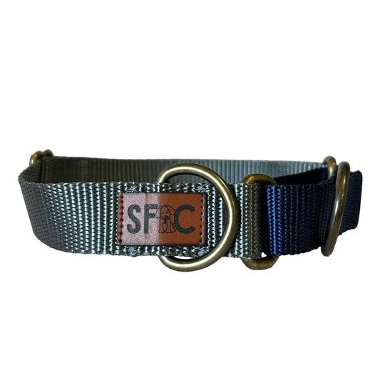 Martingale Dog Collar, Grey & Navy with Antique Brass