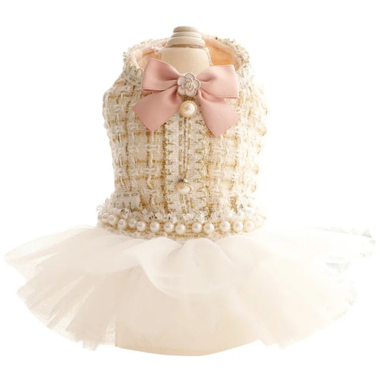 White Tweed with Pink Bow Dog Dress