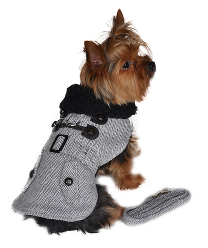 Grey Herringbone Dog Harness Coat with D-Ring and Leash