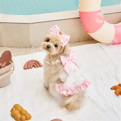 White with Pink Bow Dog Swimsuit and Pink Bow Headband