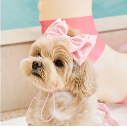 White with Pink Bow Dog Swimsuit and Pink Bow Headband