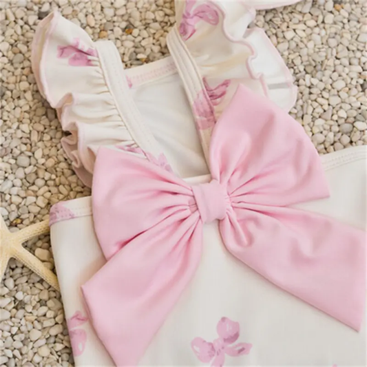 White with Pink Bow Dog Swimsuit and Pink Bow Headband