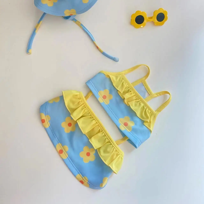 Blue with Yellow Daisy Swimwear 2-piece Dog Swimsuit with Hat