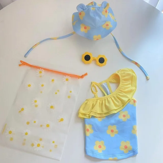 Blue with Yellow Daisy Swimwear 1-piece Dog Swimsuit with Hat