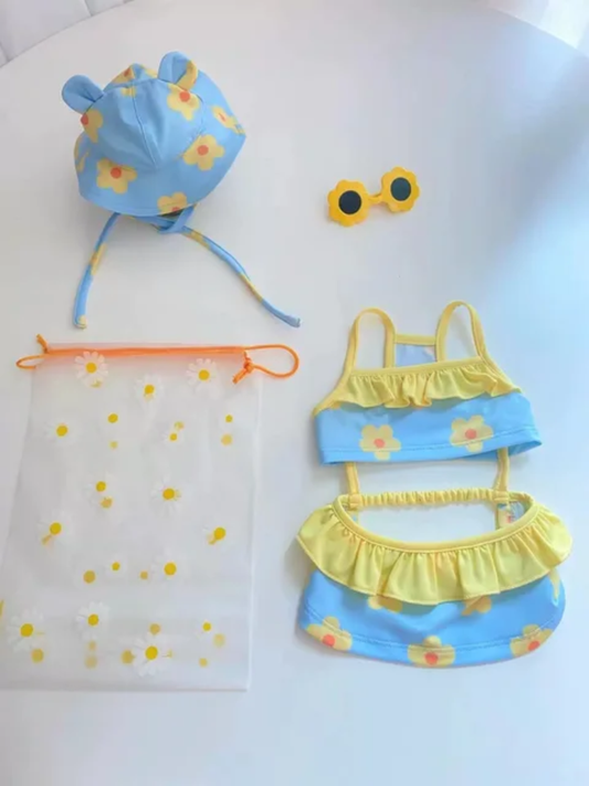Blue with Yellow Daisy Swimwear 2-piece Dog Swimsuit with Hat