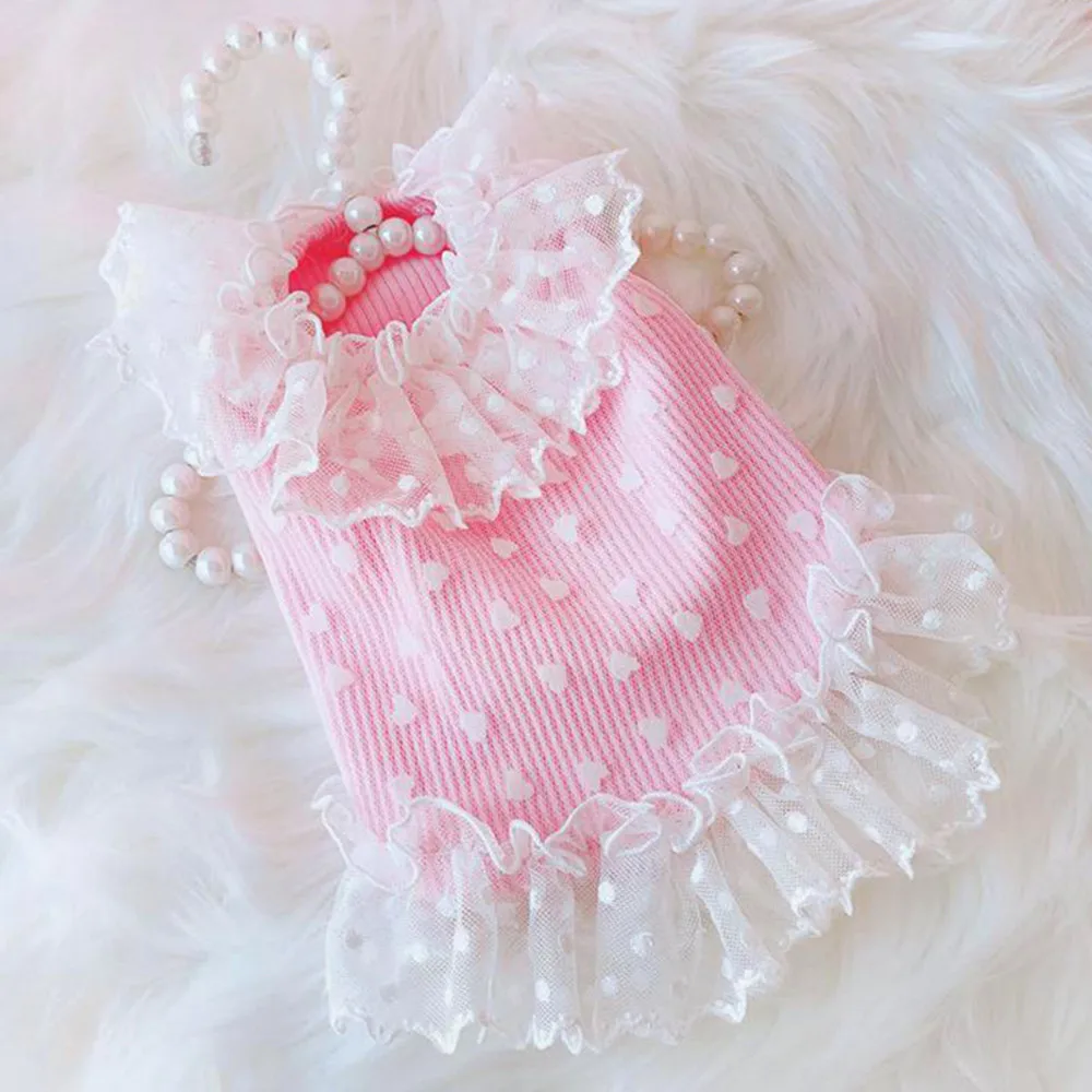 Pink Dog Dress with White Heart Lace