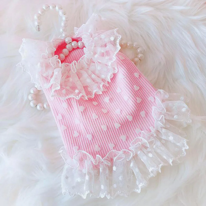 Pink Dog Dress with White Heart Lace