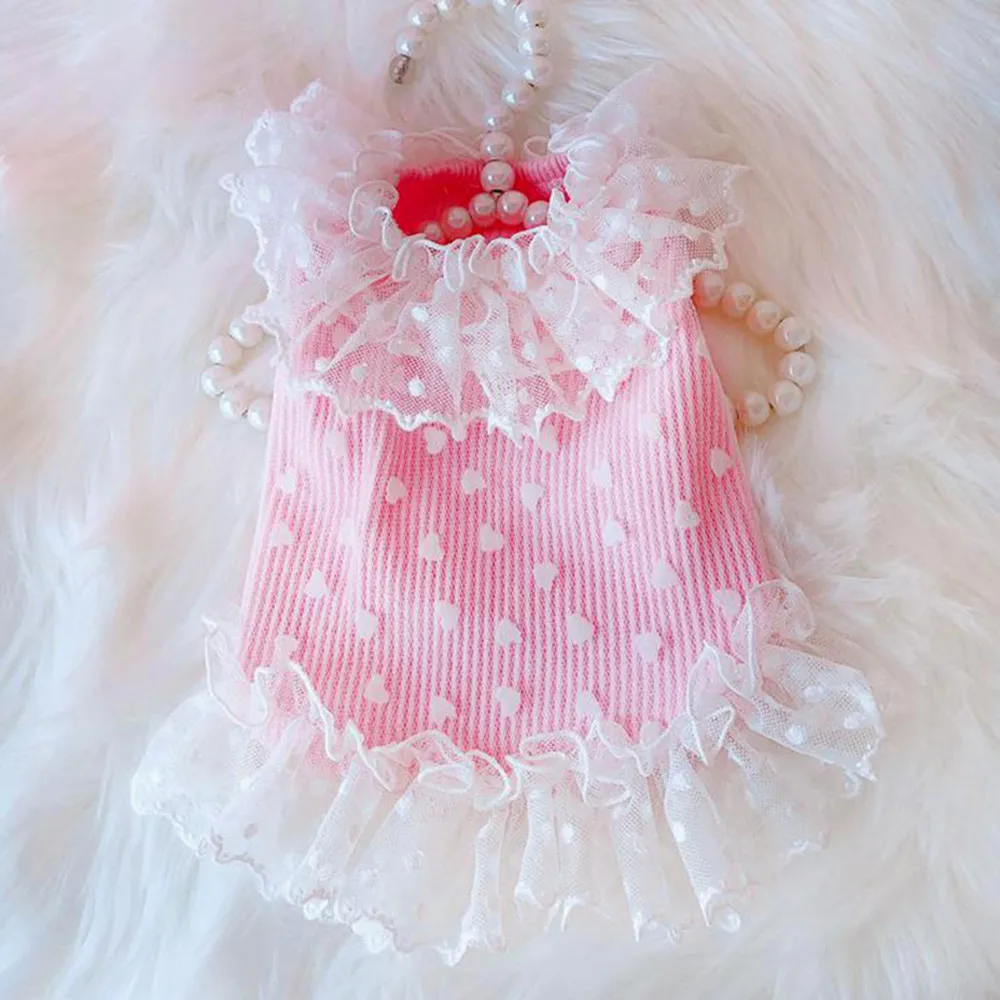 Pink Dog Dress with White Heart Lace