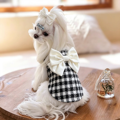 Black & White Plaid Dog Dress with Fancy White Bow