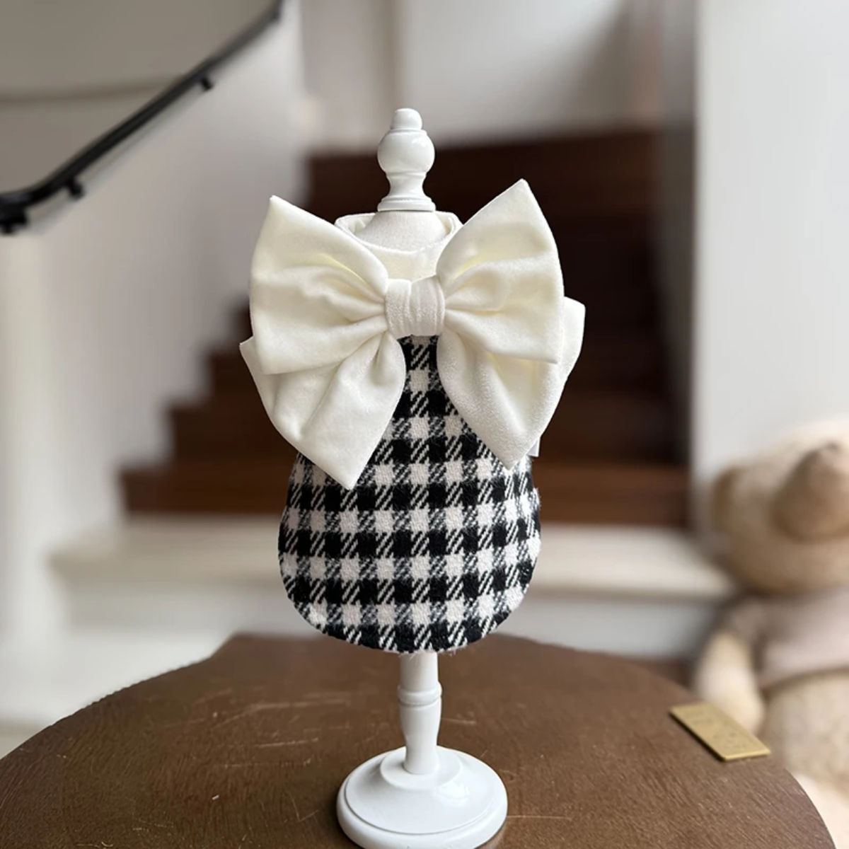 Black & White Plaid Dog Dress with Fancy White Bow