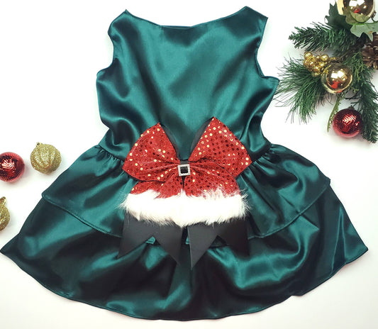 Green Satin with Santa Bow Holiday Dress
