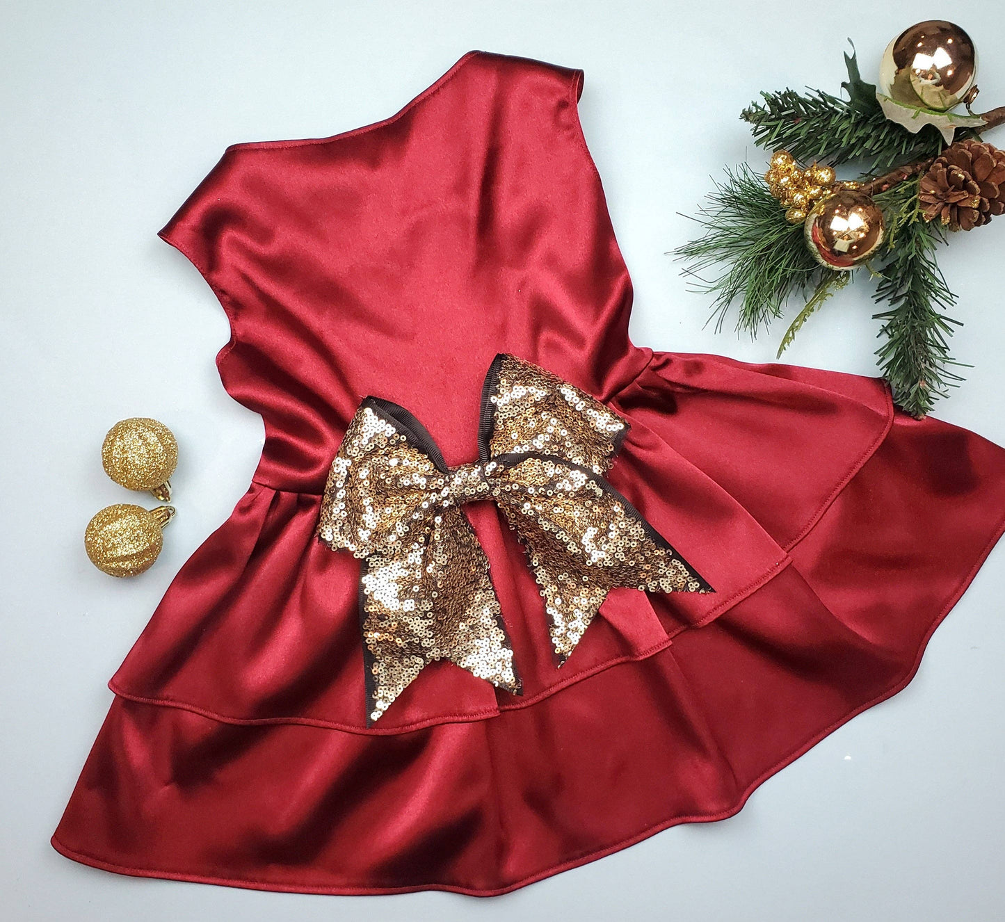 Red Satin + Sequin Bow Formal Holiday Dress