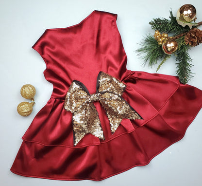 Red Satin + Sequin Bow Formal Holiday Dress