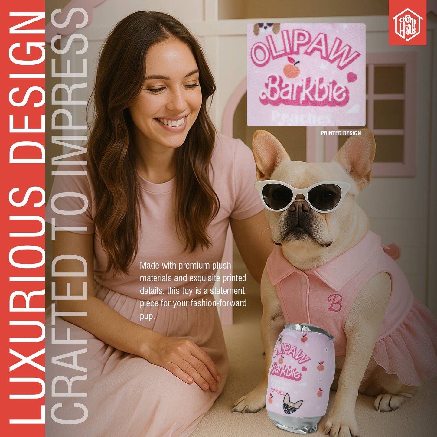 Olipaw PupSoda Barkbie  – Plush Squeaky Designer Dog Toy