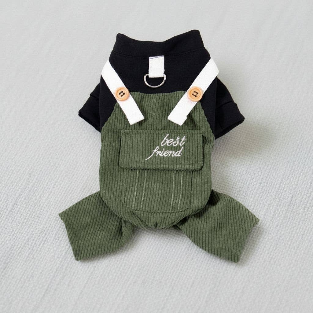 Green Trendy Corduroy Pet Jumpsuit with Leash Loop