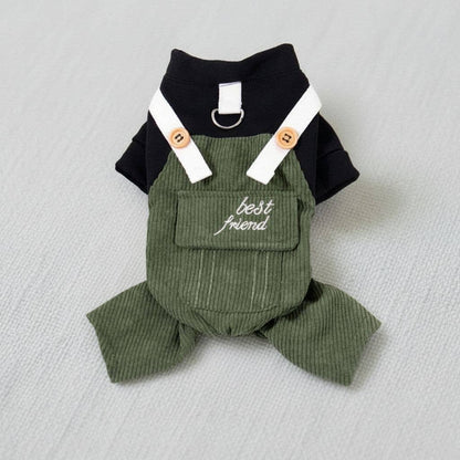 Green Trendy Corduroy Pet Jumpsuit with Leash Loop
