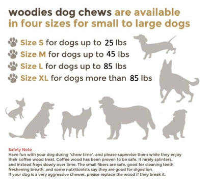 Juguetes masticables para perros de madera de color café de Woodies (4 tamaños)