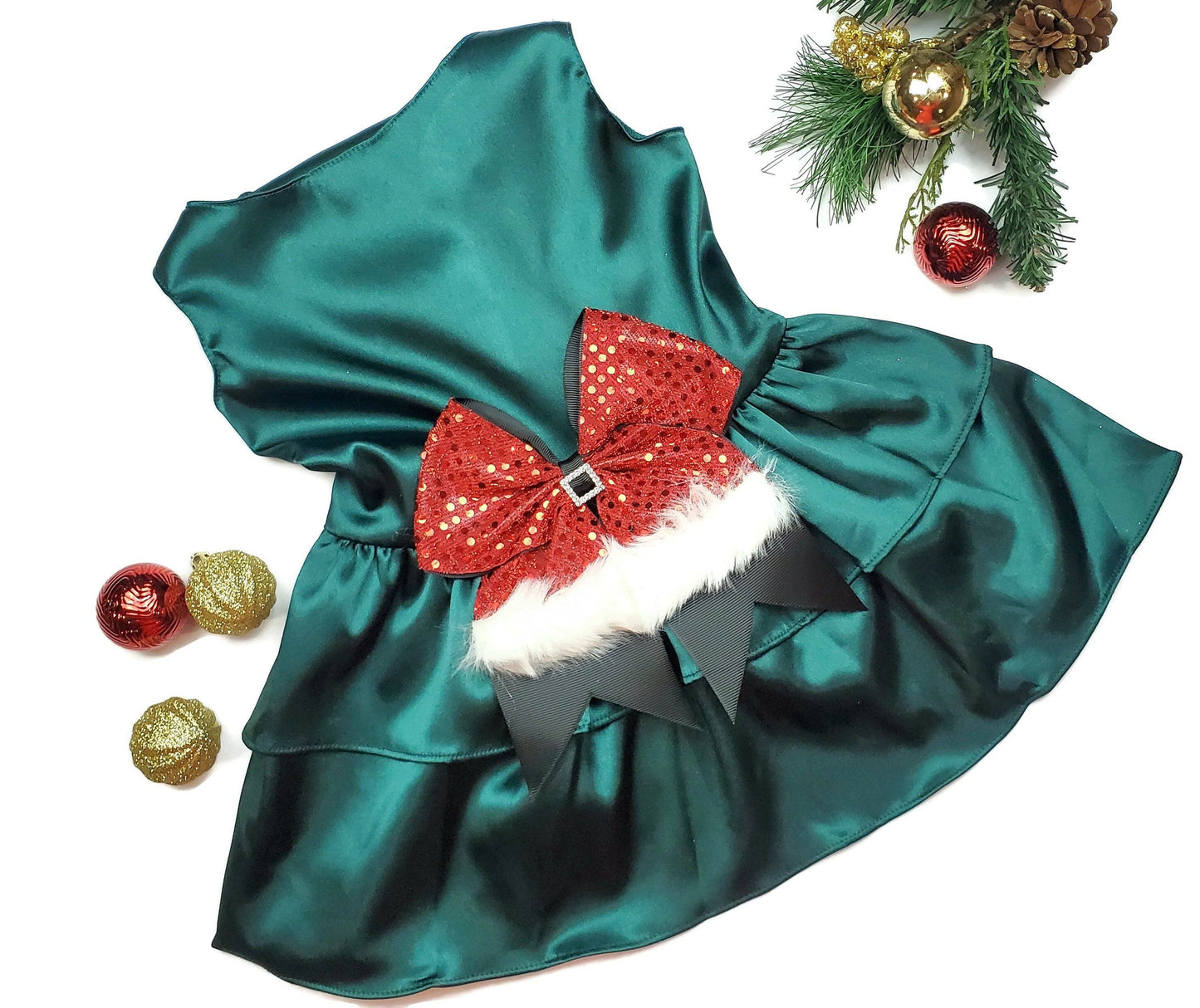 Green Satin with Santa Bow Holiday Dress