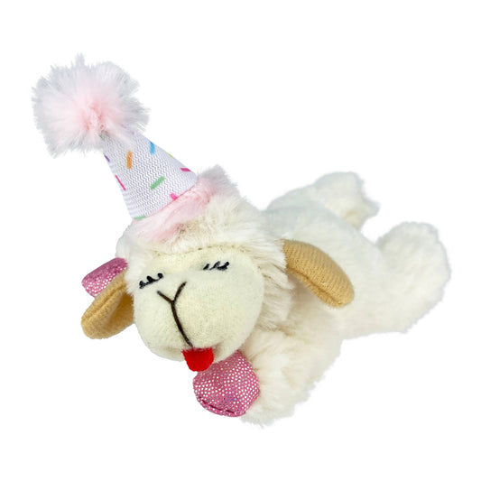 Multipet Lamb Chop w/ Birthday Hat Pink Cat Toy 4"