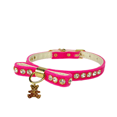 Velvet Bow Bear Charm Collar - Pink