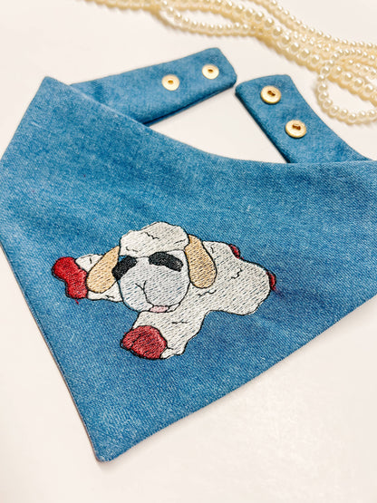 Classic Lamb Embroidery Blue Denim Dog Bandana