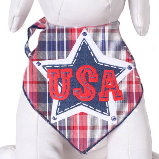 Red White and Blue Plaid USA Star Patch Bandana