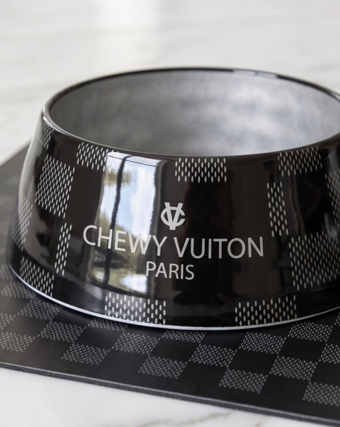 Black Checker Chewy Vuiton Bowl