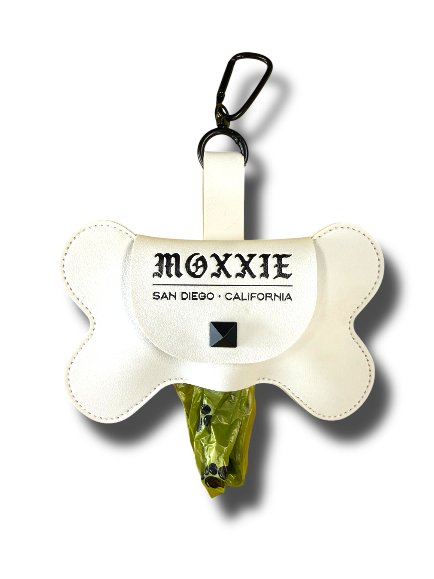 Faux Leather Poop Bag Holder: White Dog Bone