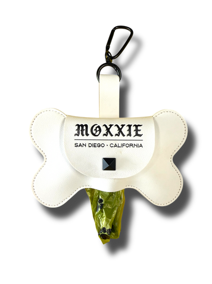 Faux Leather Poop Bag Holder: White Dog Bone