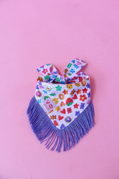 Rainbow with Metallic Purple Fringe Dog Bandana