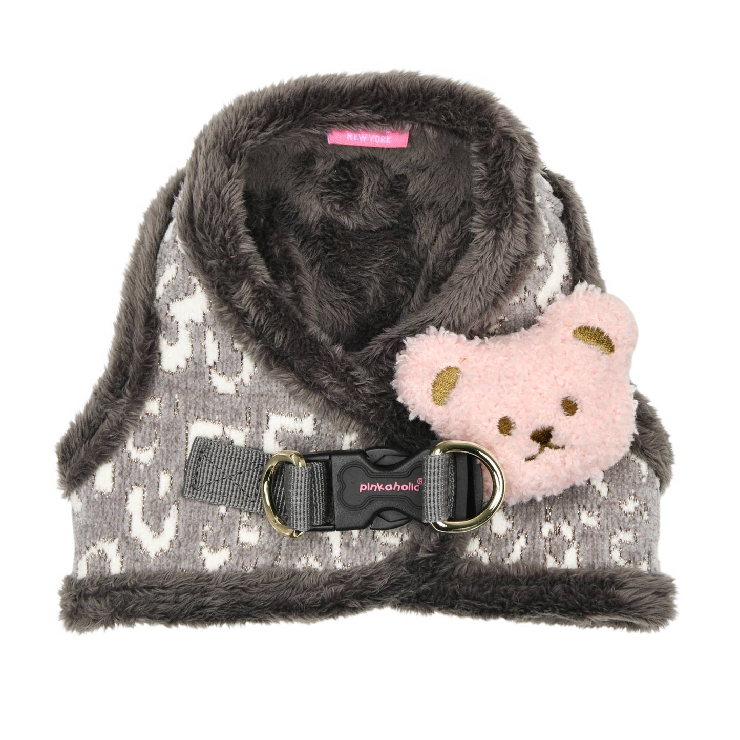 Pinkaholic Tailsy Vest Dog Harness Leopard w/ Plush Bear - Grey