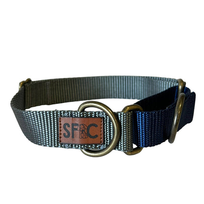 Martingale Dog Collar, Grey & Navy with Antique Brass