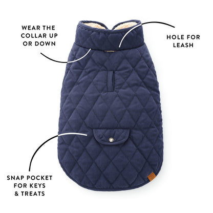 Quilted Navy Sherpa-Lined Reversible Dog Jacket