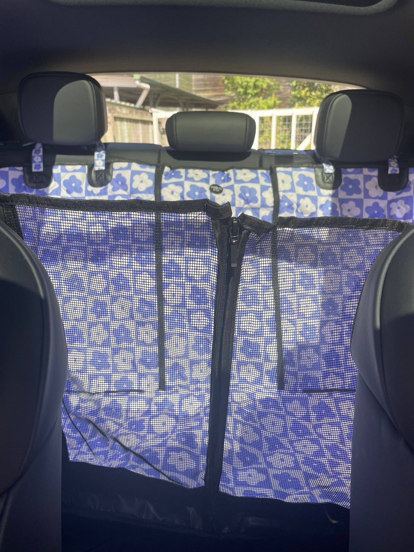 Blue Checkered Daisies: Deluxe Dog Hammock Car Seat Cover