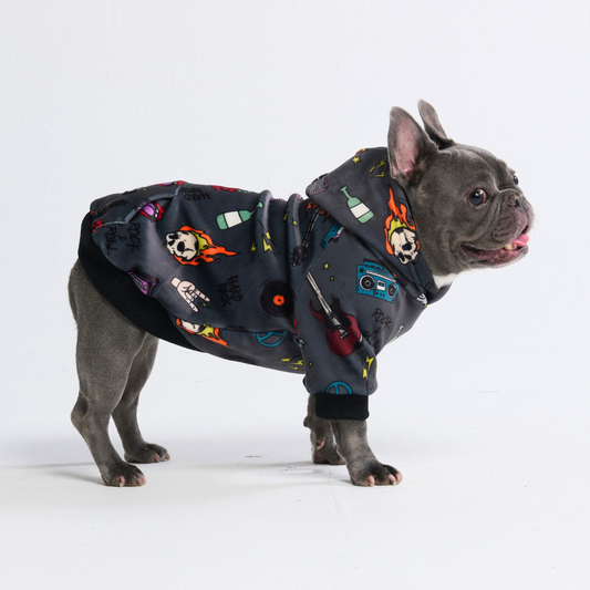 Sudadera con capucha para perro con motivo de rock and roll