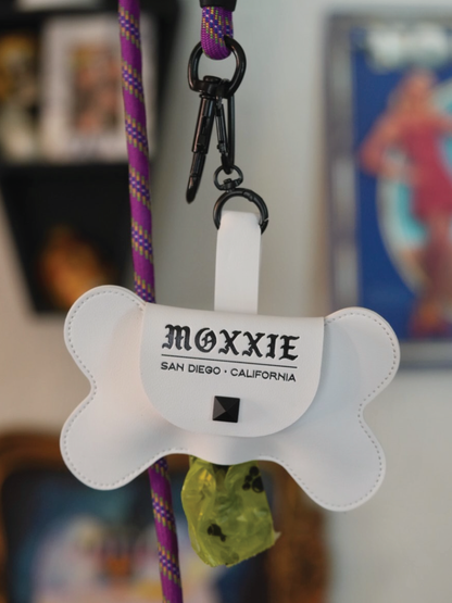 Faux Leather Poop Bag Holder: White Dog Bone